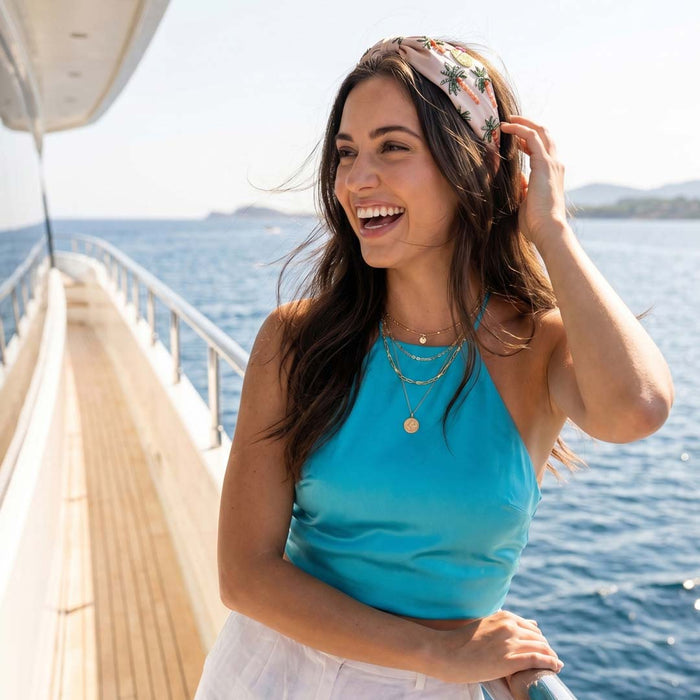 Luxury headband for vacation and resort wear - tropical palm leaf beading on peach satin