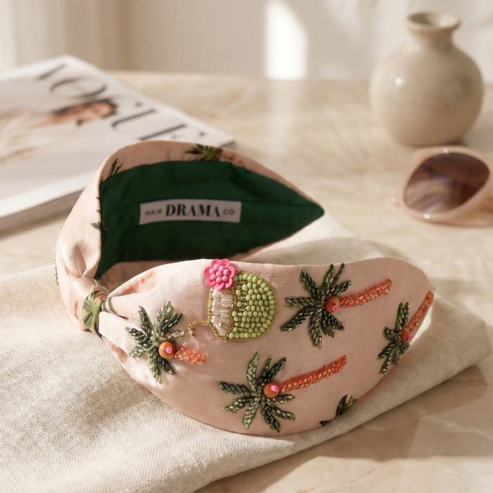 Embroidered tropical headband with beaded palms - luxury gift packaging included