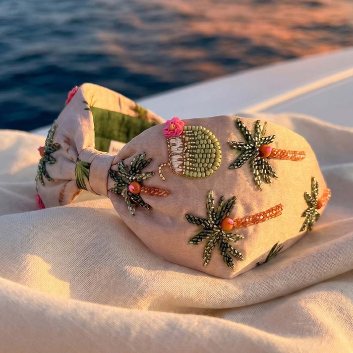 Tropical embroidered headband perfect for beach vacations - beaded palm tree design
