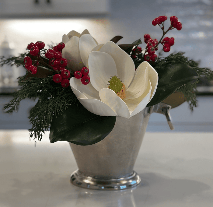 White Magnolias with Red Berries in Silver Vessel