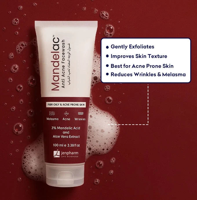 Mandelac Anti Acne Facewash tube with product benefits on a red background