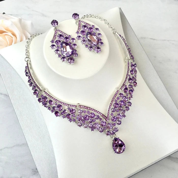 Wedding Jewelry and Accessories - Purple Crystal 3-Piece Bridal Jewelry Set With Tiara - Available in Silver and Gold
