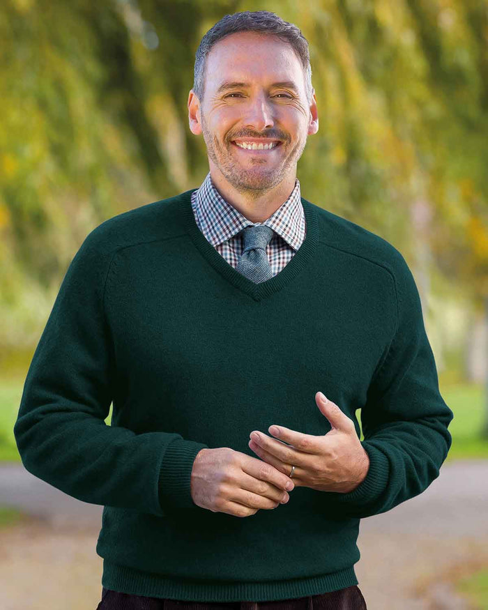 Lambswool V Neck Jumper - Conifer - Country Collection