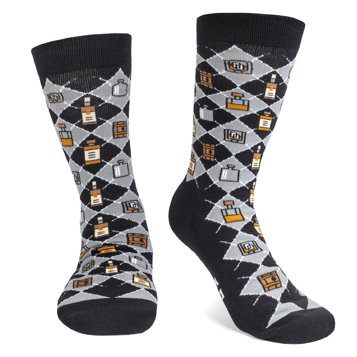 novelty crew socks featuring a whiskey theme