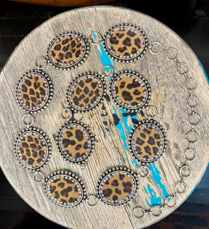 Leopard  Concho Link Belt w/ Crystal Accent
