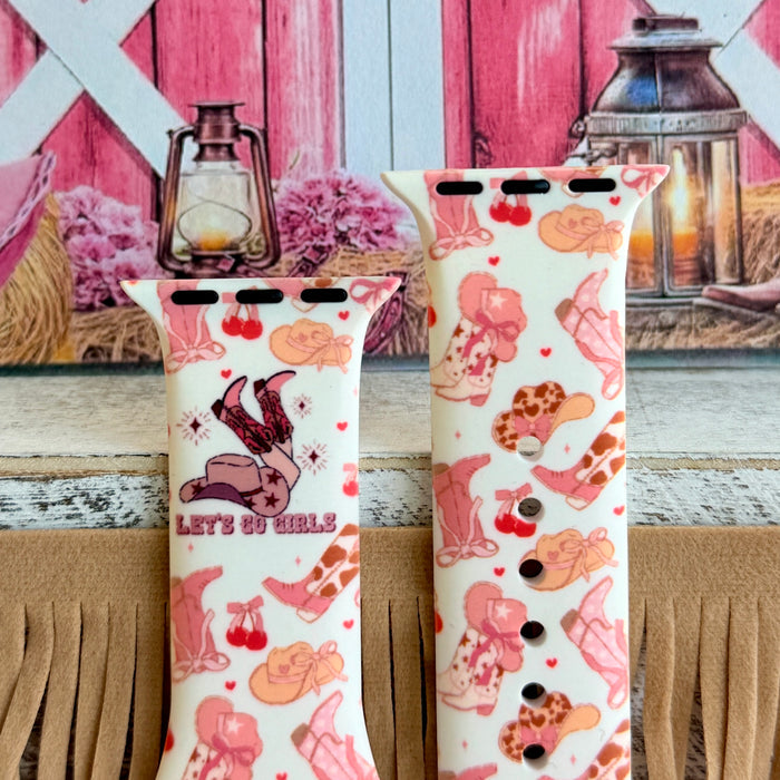 Let's Go Girls Apple Watch band with pink cowboy boots and western hats on mint background with barn decor