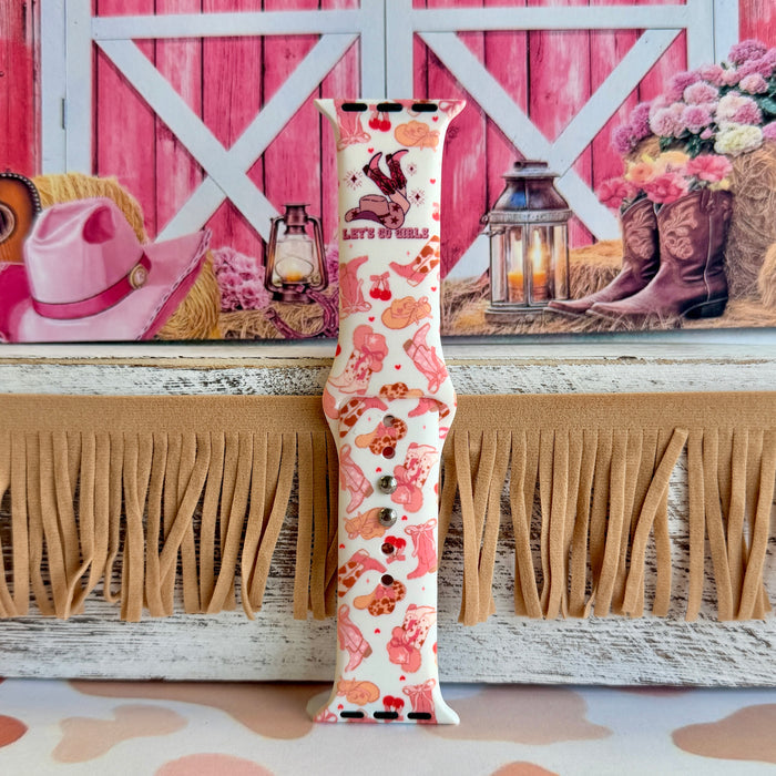 Let's Go Girls Apple Watch band with pink cowboy boots and western hats on mint background with barn decor