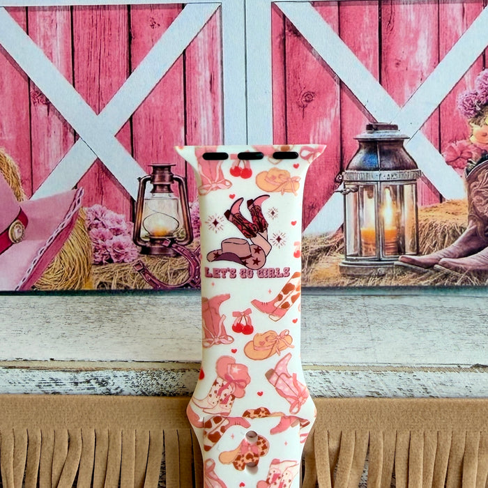 Let's Go Girls Apple Watch band with pink cowboy boots and western hats on mint background with barn decor
