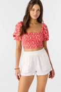 O’Neill Lorna smocked crop top cayenne puff sleeve blouse
