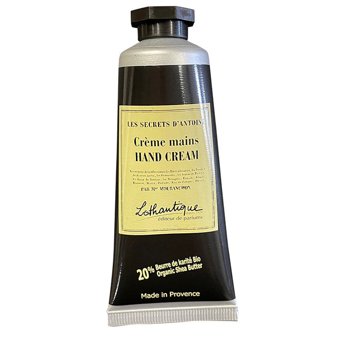 Lothantique hand cream tube with black and white design on a white background