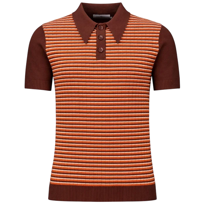 MADCAP Harlem Big Collar Rib Stripe Mod Knit Polo Top, Potting Soil