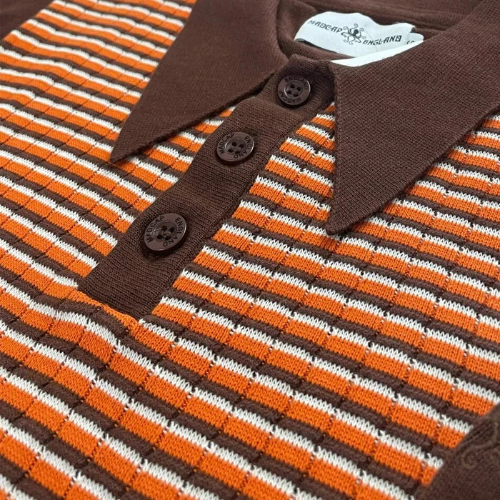 MADCAP Harlem Big Collar Rib Stripe Mod Knit Polo Top, Potting Soil