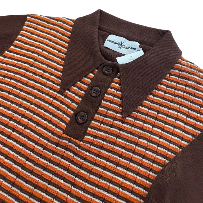 MADCAP Harlem Big Collar Rib Stripe Mod Knit Polo Top, Potting Soil