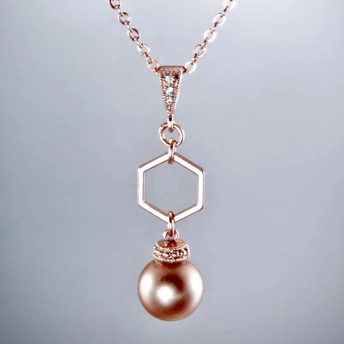 Wedding Jewelry - Swarovski Pearl Rose Gold Geometric Bridal Jewelry Set