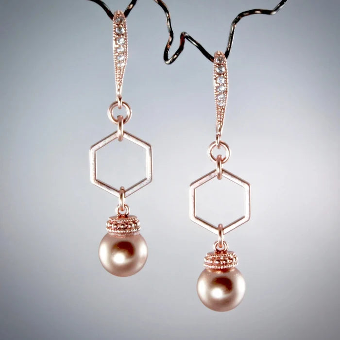 Wedding Jewelry - Swarovski Pearl Rose Gold Geometric Bridal Jewelry Set