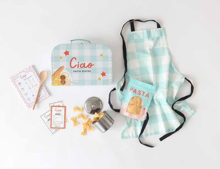MagicPlaybook Kids Pasta Play Set Pretend Kitchen, Suitcase & Cooking Fun