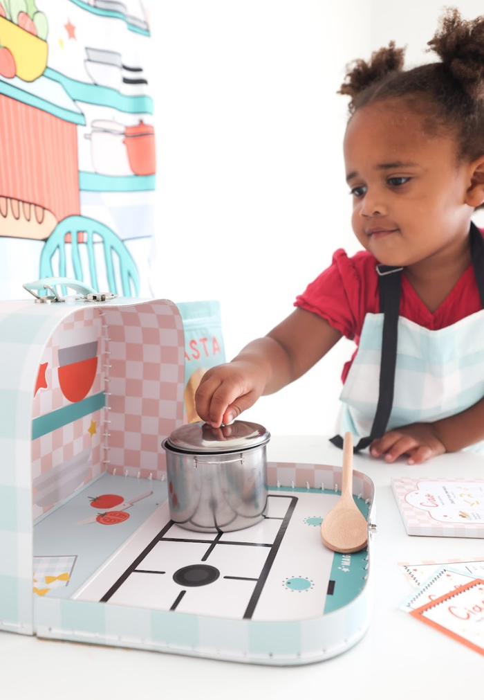 MagicPlaybook Kids Pasta Play Set Pretend Kitchen, Suitcase & Cooking Fun