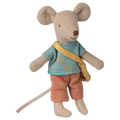 Stuffed toy mouse wearing a striped shirt and orange pants on a white background