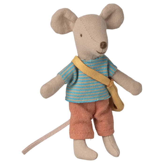 Stuffed toy mouse wearing a striped shirt and orange pants on a white background