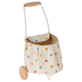 A beige linen fabric trolley with multicolored dots, including a handle and wheels, designed for toy use.