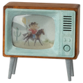 Vintage-style toy television with a cowboy on a horse screen
