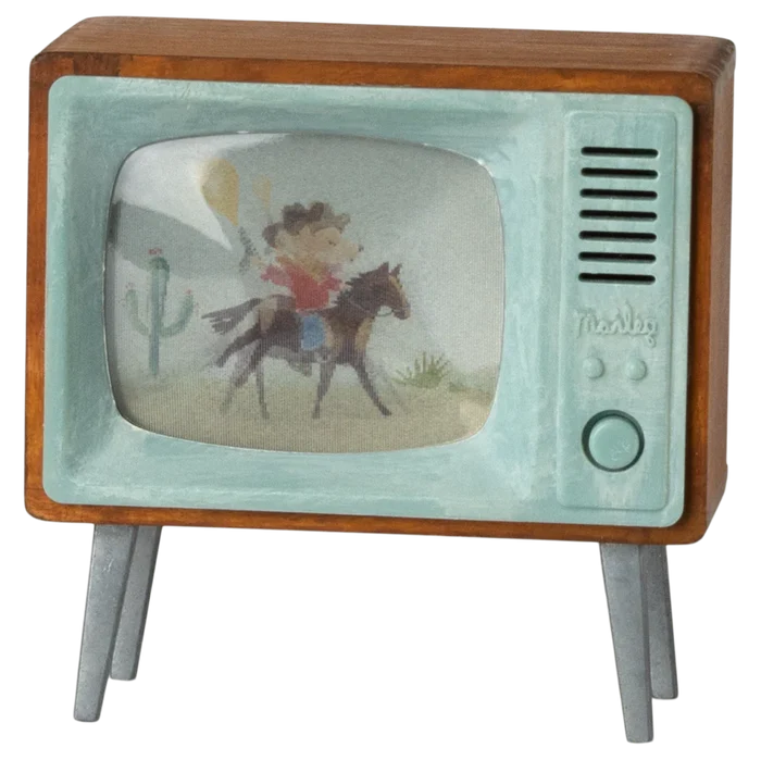 Vintage-style toy television with a cowboy on a horse screen