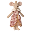 Stuffed mouse toy with a patterned dress and crown on a white background