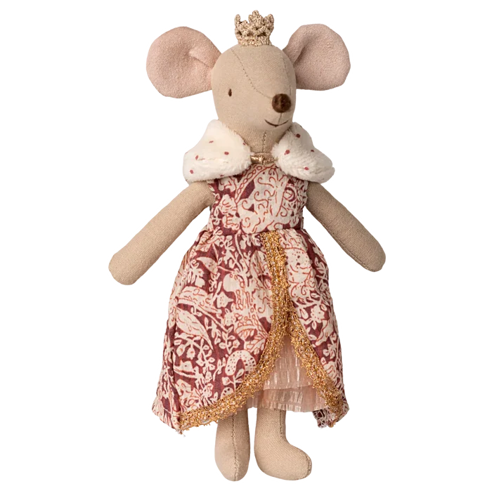 Stuffed mouse toy with a patterned dress and crown on a white background