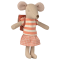 Stuffed mouse toy wearing a striped shirt and checkered skirt on a white background