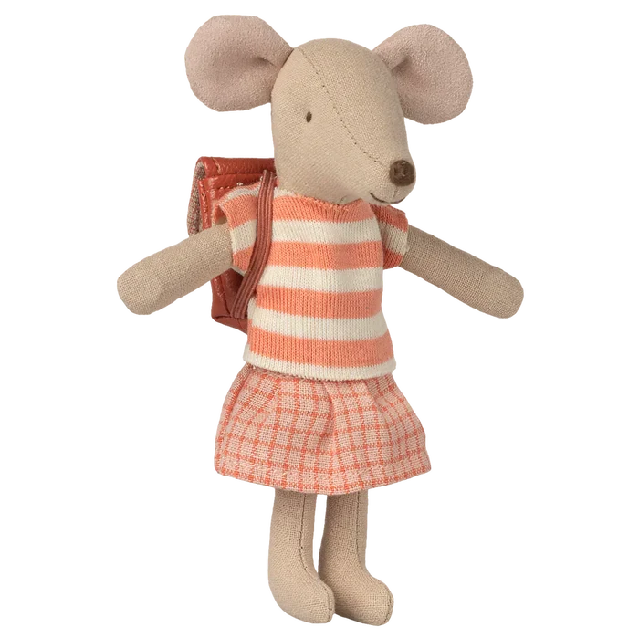 Stuffed mouse toy wearing a striped shirt and checkered skirt on a white background