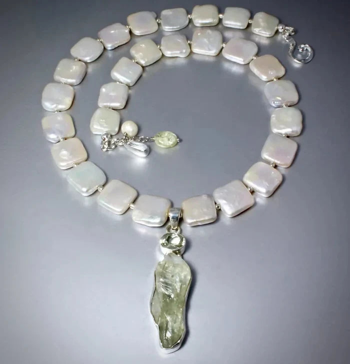 "Marilyn" - Raw Green Amethyst and Cultured Pearl Sterling Silver Necklace
