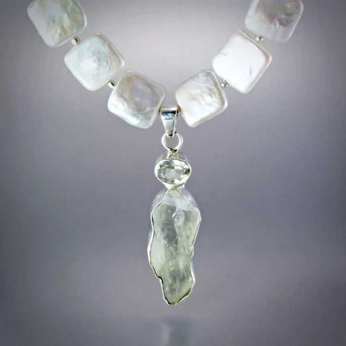 "Marilyn" - Raw Green Amethyst and Cultured Pearl Sterling Silver Necklace