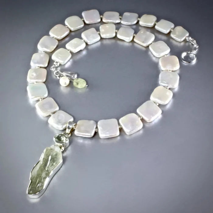 "Marilyn" - Raw Green Amethyst and Cultured Pearl Sterling Silver Necklace