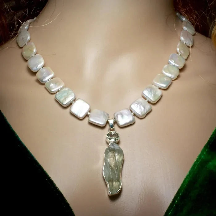 "Marilyn" - Raw Green Amethyst and Cultured Pearl Sterling Silver Necklace