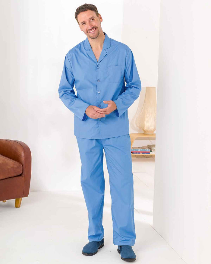 Mens Hugo Pure Cotton Long Sleeved Pyjama - Mid Blue Poplin - Country Collection