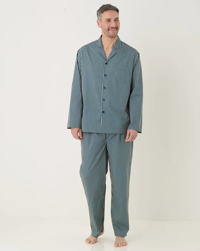 Mens Hugo Pure Cotton Long Sleeved Pyjama - Navy Stripe