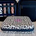 Mini  Leopard Print Fancy Band Storage Case — Case made of PU leather, Nylon, Multi spandex, Lycra Dimensions are W 9 1/4" x L 8 1/4" x H 2 1/4" This item is storage case only bands not included.