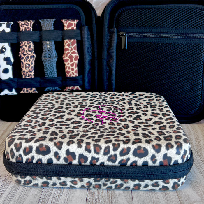 Mini  Leopard Print Fancy Band Storage Case — Case made of PU leather, Nylon, Multi spandex, Lycra Dimensions are W 9 1/4" x L 8 1/4" x H 2 1/4" This item is storage case only bands not included.