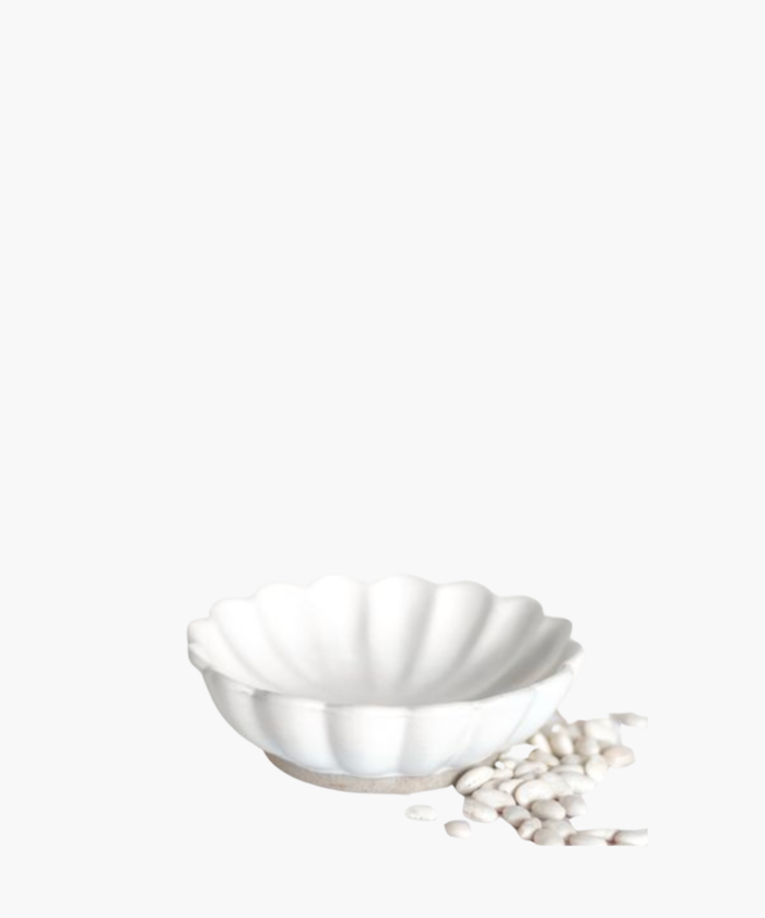 A white, scalloped ceramic bowl rests on a flat surface with a small pile of white beans beside it. The scene conveys simplicity and elegance. | SW Home