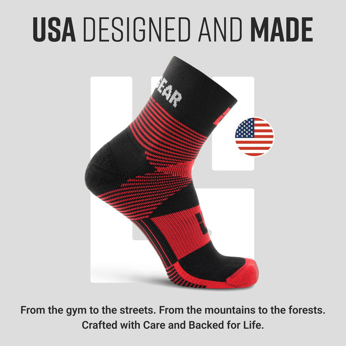 MudGear Hybrid Training Sock in black and red with compression stripes and USA flag badge