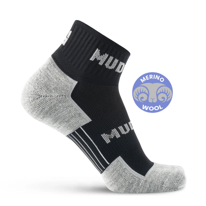 MudGear Quarter Crew Merino Wool socks in black and gray with Merino Wool badge
