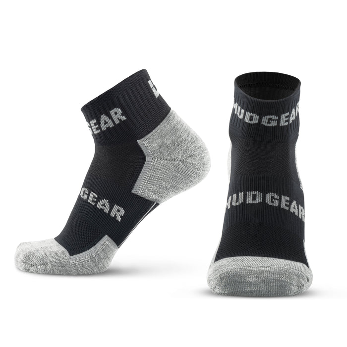 MudGear Quarter Crew Merino Wool Socks in black and gray, shown front and side views