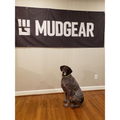 MudGear race banner 3x8 feet displayed on wall above brown dog sitting on wooden floor
