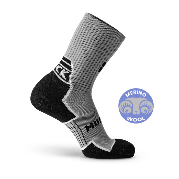 MudGear Ruck Sock in gray and black with merino wool cushioning and black heel and toe
