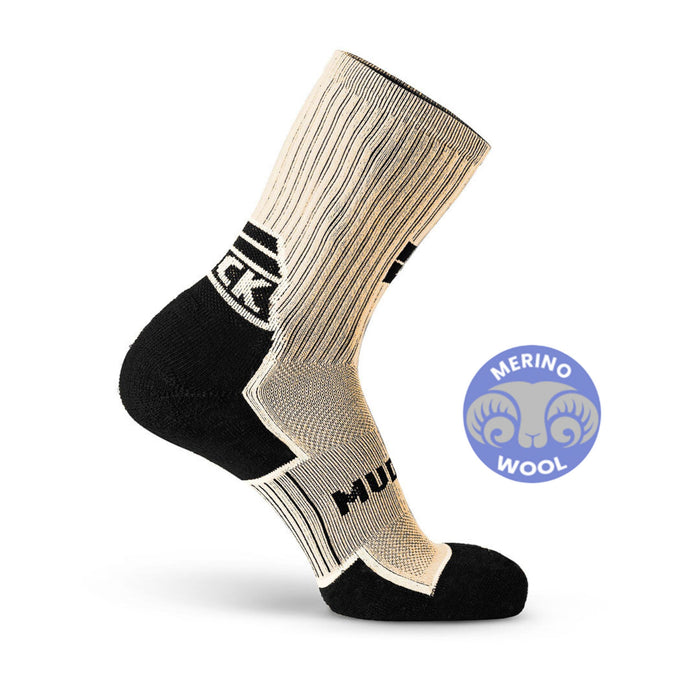 MudGear Ruck Sock Military Tan with black heel and toe, merino wool construction, displayed on white background