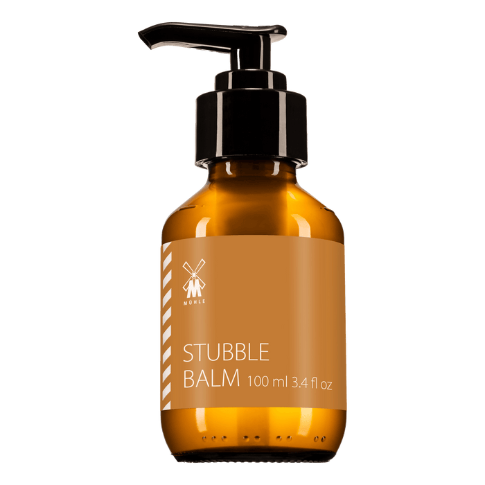 Mühle stubbepomade i brun glassflaske med pumpe for kort skjeggvekst