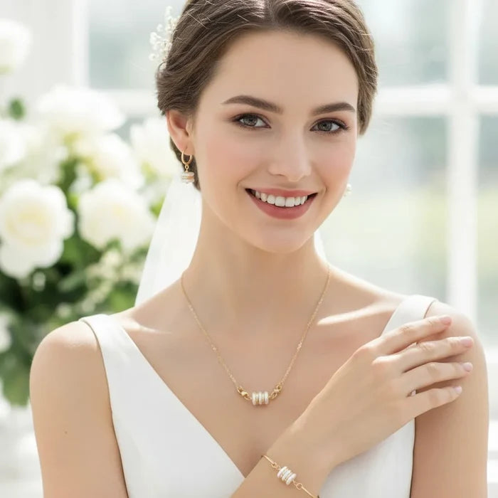 Elegant Natural Pearl 3-Piece Bridal Jewelry Set in Gold color