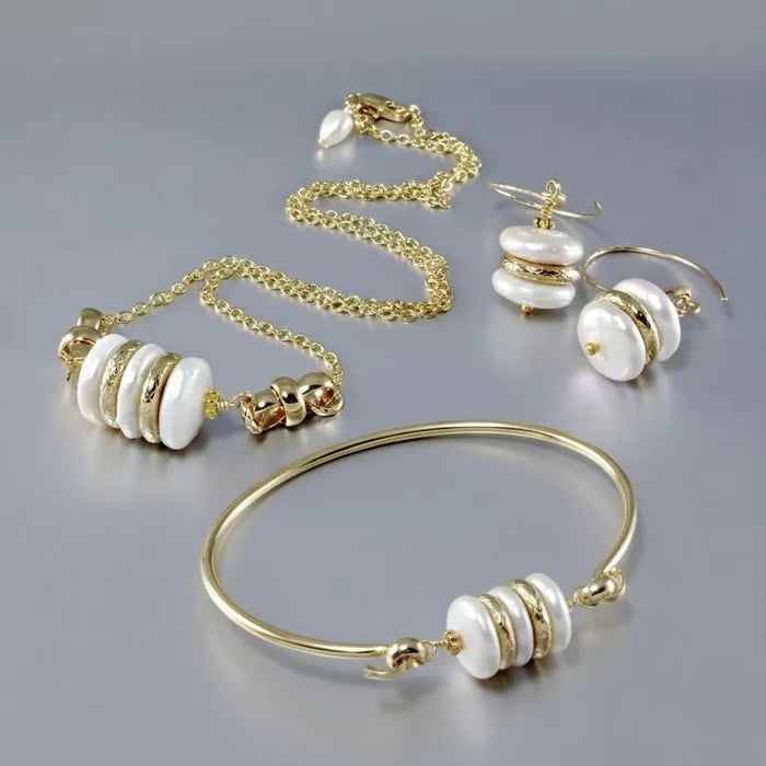 Elegant Natural Pearl 3-Piece Bridal Jewelry Set in Gold color