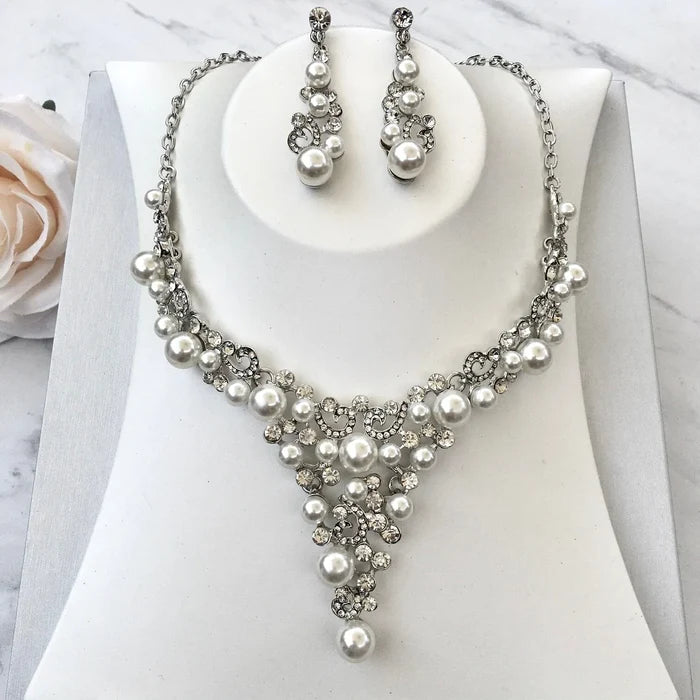Pearl Wedding Jewelry - Pearl and Crystal Bridal Jewelry Set with Tiara