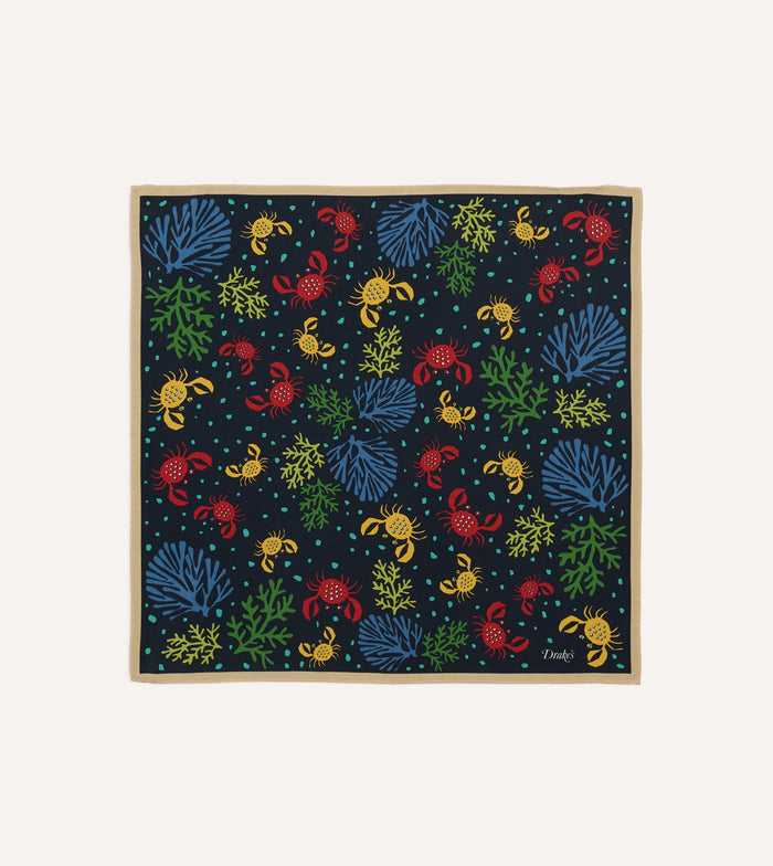 Navy Crab Print Silk Pocket Square